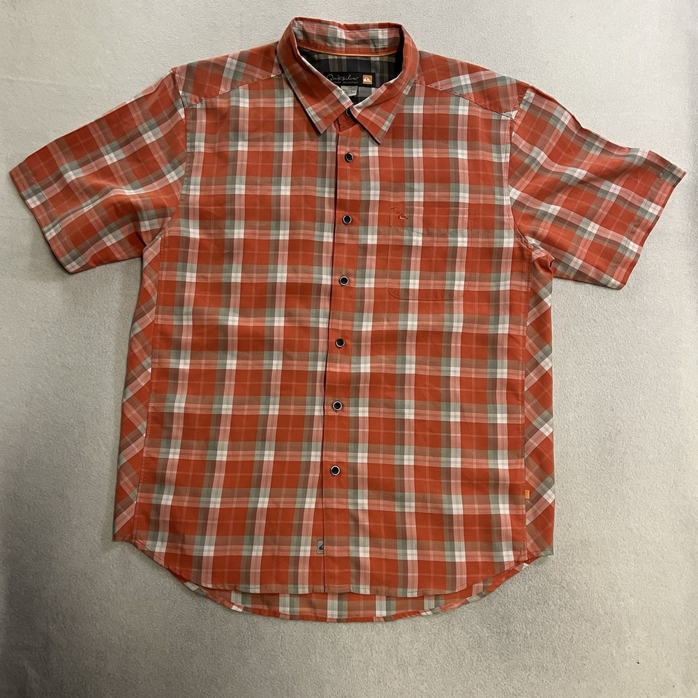 Quiksilver Waterman Button Up Shirt Men's Large Orange Plaid Short Sleeve